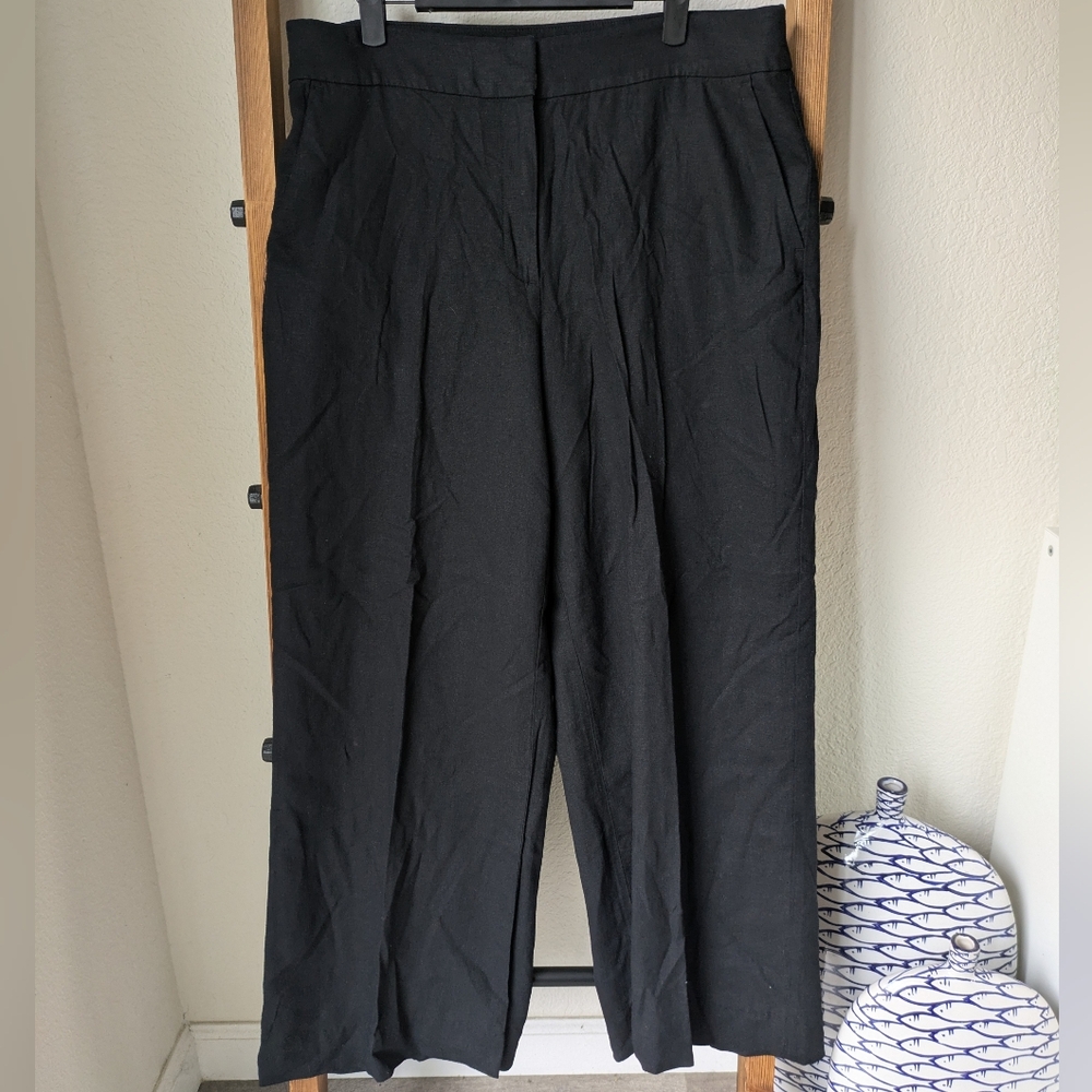 LOFT Women's Black Linen Wide Leg Trousers - Size 12
